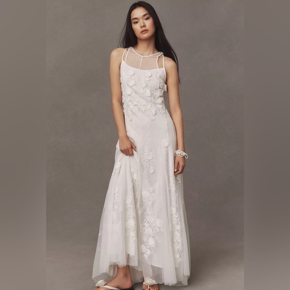 BHLDN Dresses & Skirts - NWT BHLDN Anthropologie Ivory Floral Lace Sheer Maxi Wedding Dress Open Back
